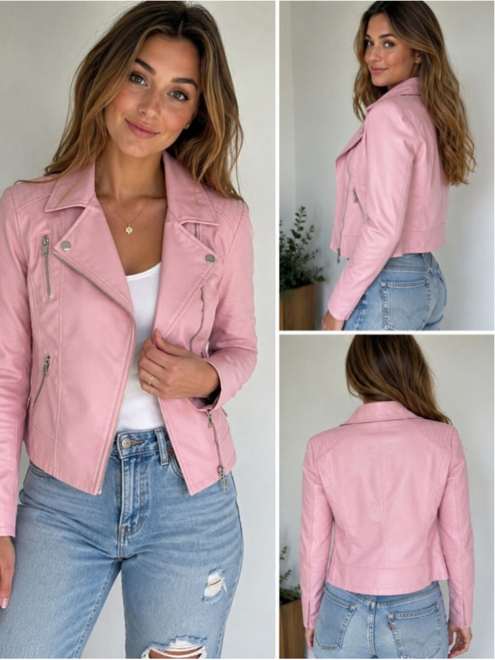 ONLY Pink Faux Leather Moto Jacket Women's Size XS Biker Motorcycle Zip Up Blush